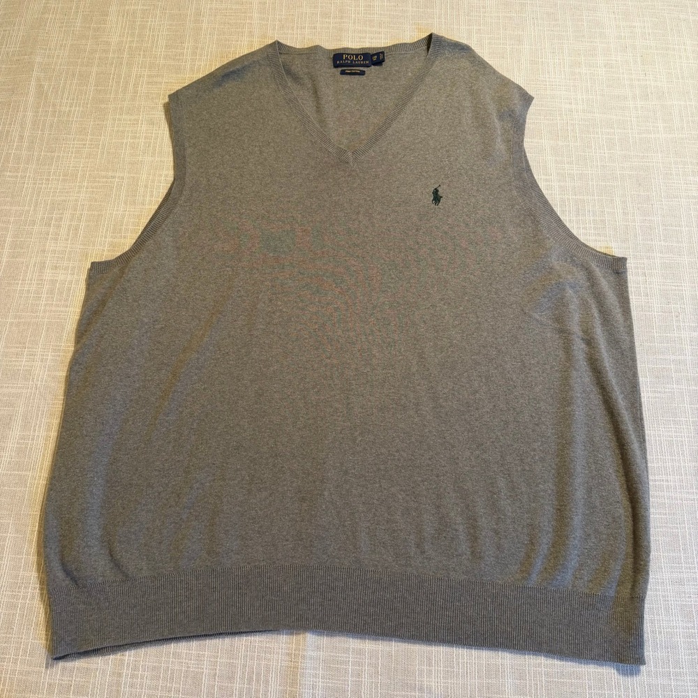 Polo Ralph Lauren Mens 2XB Grey Pima Cotton V-Neck Sweater Vest Big & Tall